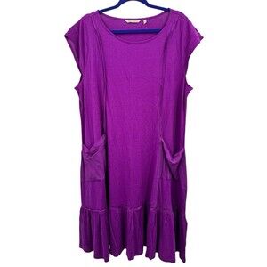 Soft Surroundings Dress 1X Midi Purple Ruffle Swing Knit Short Sleeve Relaxed